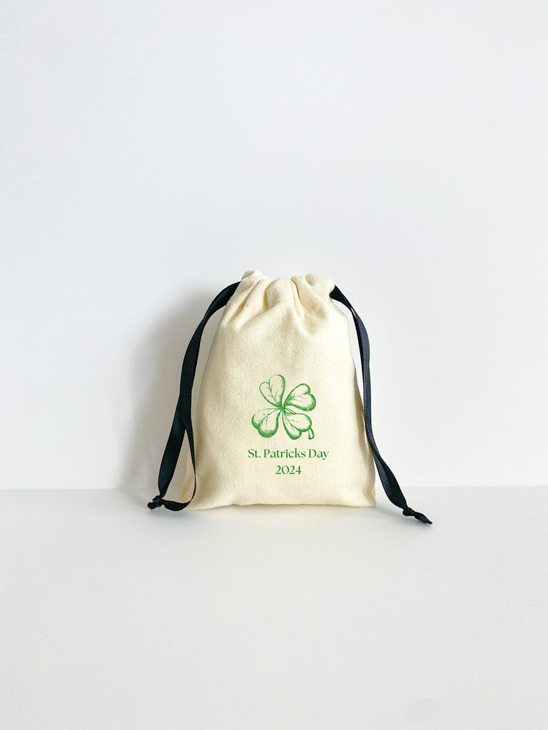 Personalized 4 Leaf Clover Party Favor Bag with Black Drawstring Ribbon