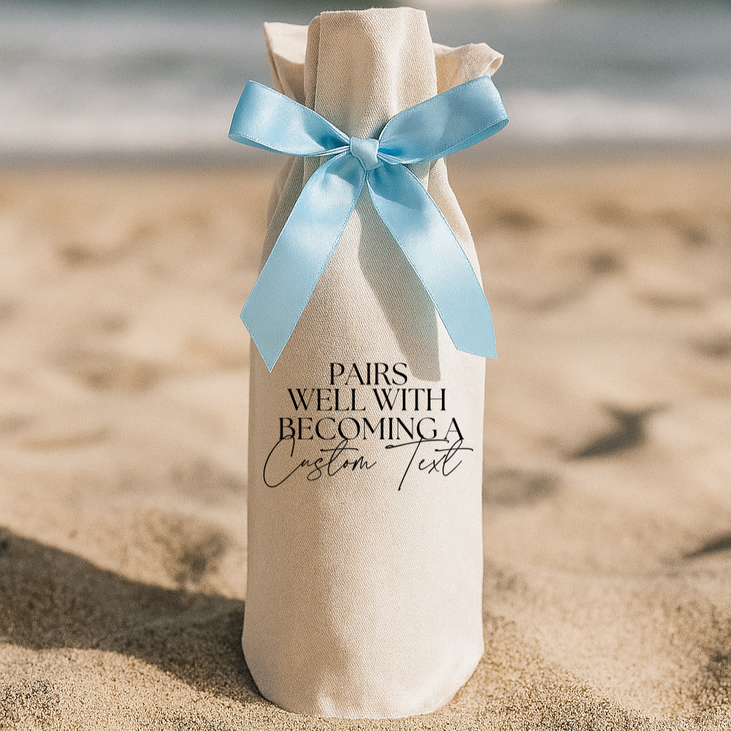 Personalized wine gift bag with a light blue ribbon "Pairs Well with Becoming A" with your customization