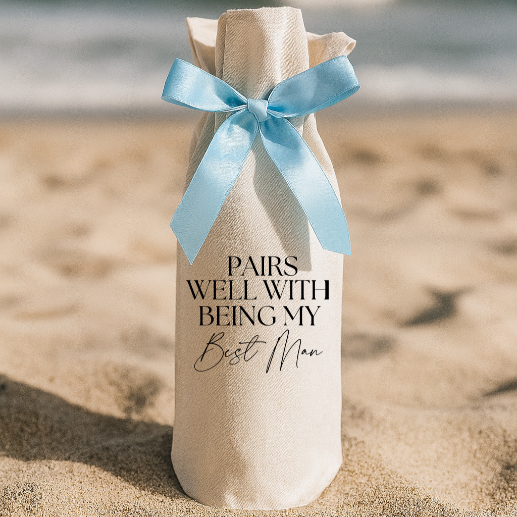 Best Man proposal wine gift bag with a light blue ribbon "Pairs Well with Being My Best Man"