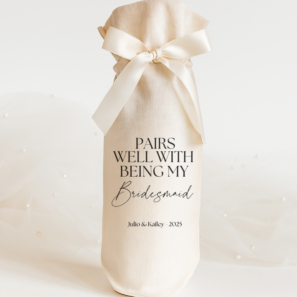 Wine gift bag with 'Pairs Well With Being My Bridesmaid' with an Ivory ribbon