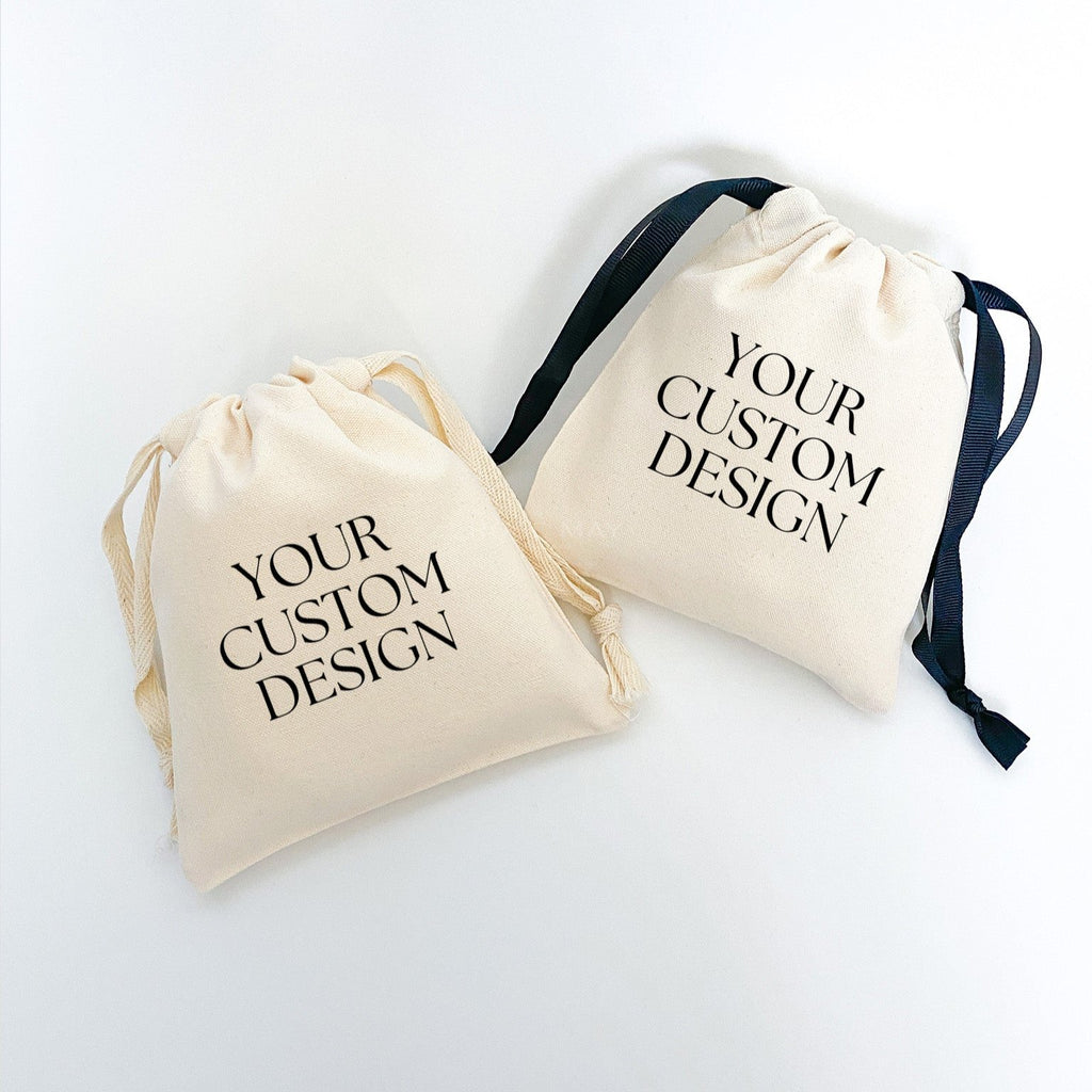 Customize packaging bags with your design on cotton canvas bags with black or natural drawstring ribbon