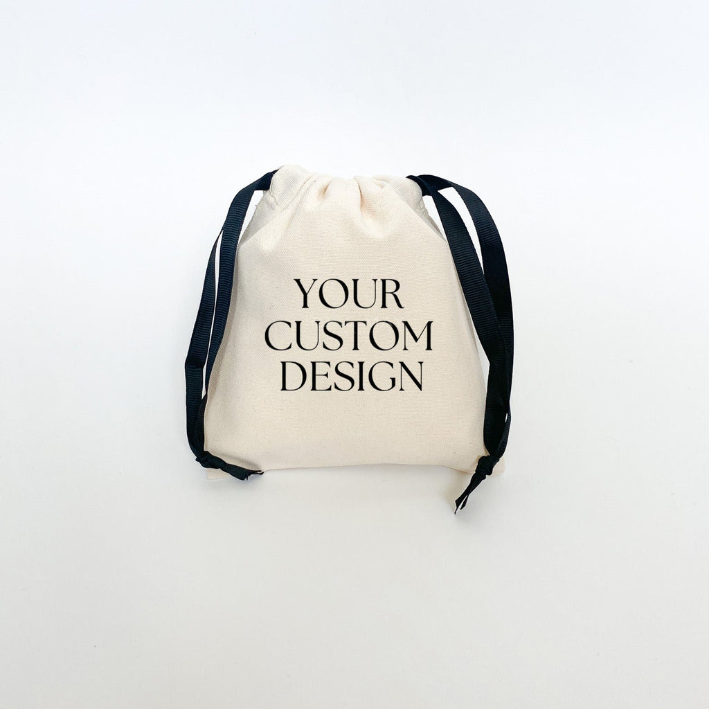 Personalized Drawstring Bags with your Custom Artwork and Custom Design on Cotton Canvas Bags with Black Drawstring Ribbon