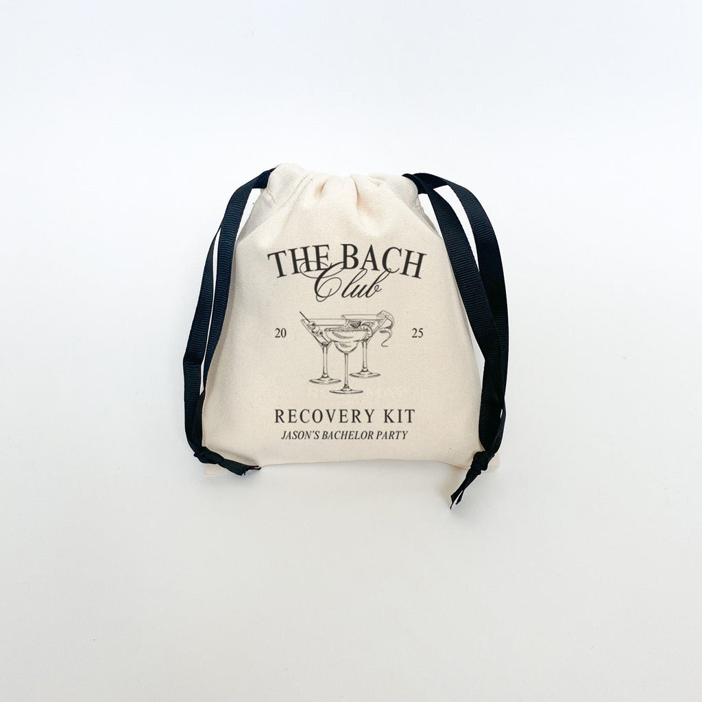 The Bach Club Personalized Party Favor Bags in Cotton Canvas with Black Grosgrain Drawstring Ribbon