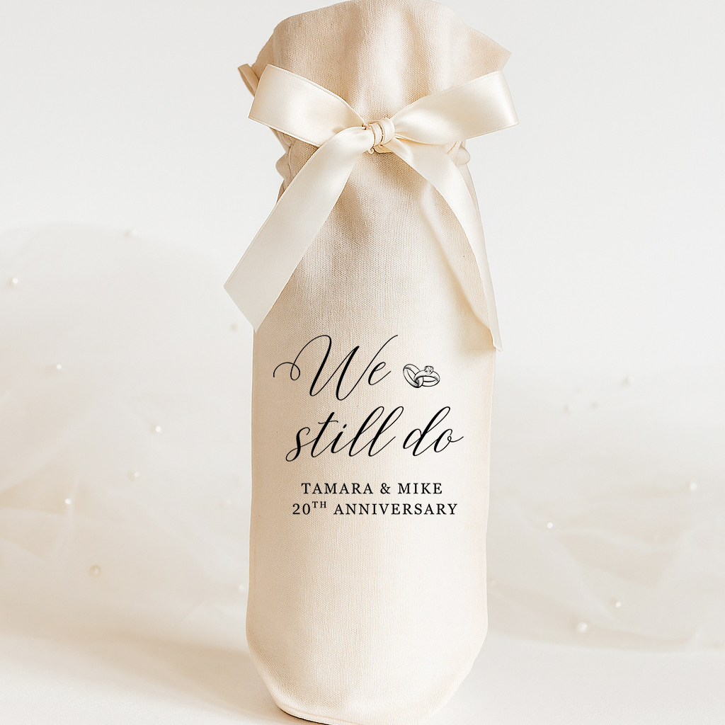Custom Anniversary Wine Gift Bag with Satin Ribbon